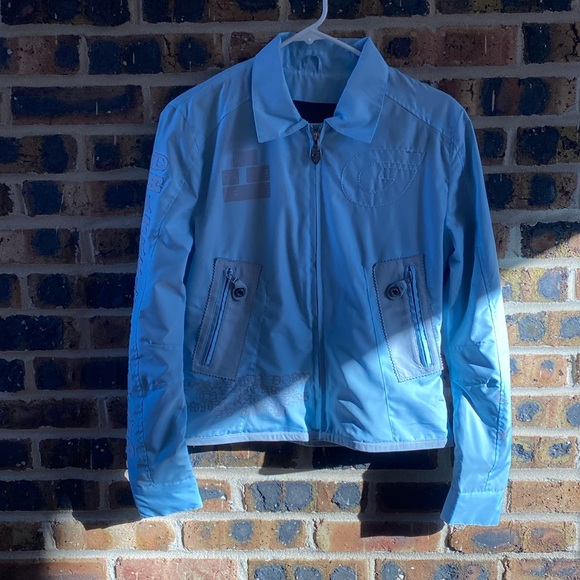 Super G Psycho embroidered logo/skulls graphic zip jacket leather trim, W’s M - Picture 3 of 12